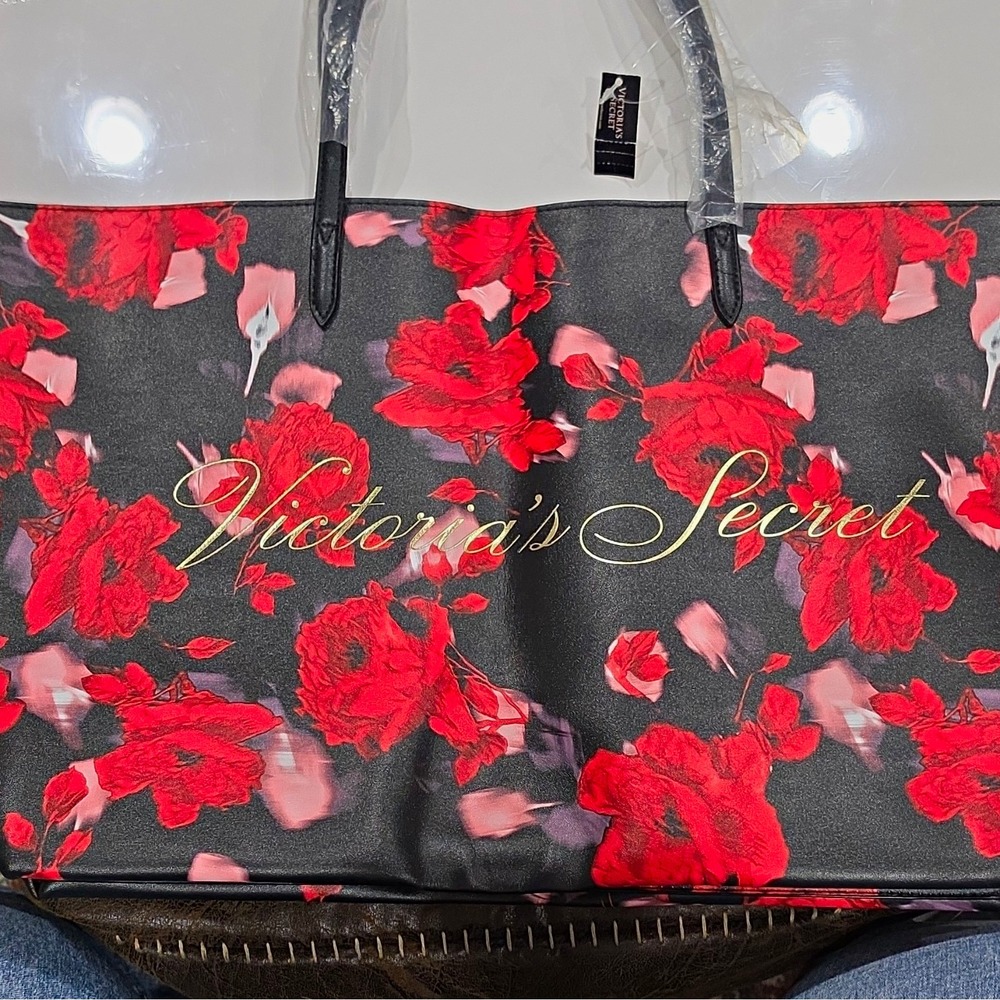 Victoria's Secret Womens Large Floral Tote Bag Black Red Logo Double Handles New